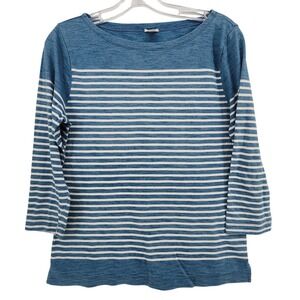 J.Crew Medium Blue White Striped Boat Neck 3/4 Sleeve Top Nautical Preppy
